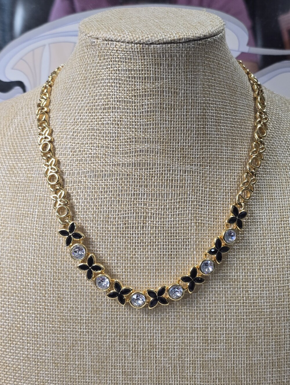 Vintage Napier Black Enamel Flowers & Clear Round Crystal Gold Tone Necklace - Picture 3 of 9